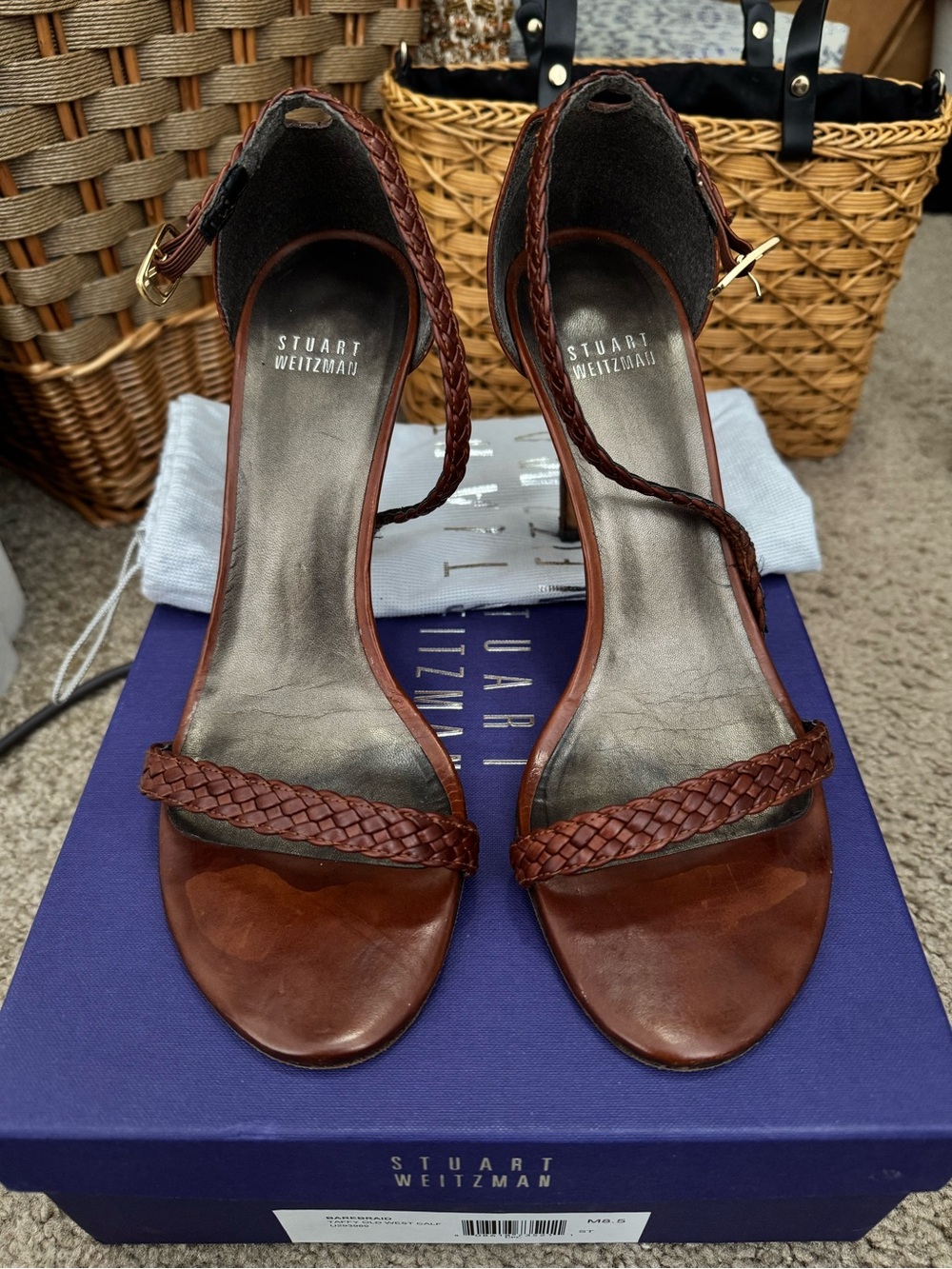 Stuart Weitzman Braided Brown Leather Open-Toe Ankle-Strap Heels